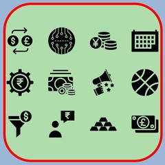 Simple 12 icon set of business related yen, megaphone, money and funnel vector icons. Collection Illustration