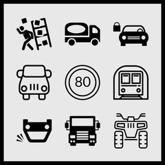 Simple 9 icon set of car related overturned vehicle, car, underground and trailer truck vector icons. Collection Illustration
