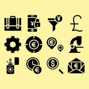 Euro, Briefcase And Lighter Related Premium Icon Set