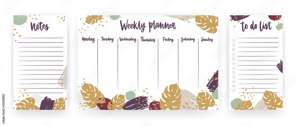 Poster bundle of weekly planner, sheet for notes and to do list templates decorated with tropical monstera 