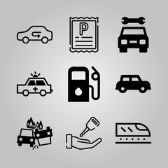 Simple 9 icon set of transport related car accident, red cross car, fuel and parking ticket vector icons. Collection Illustration