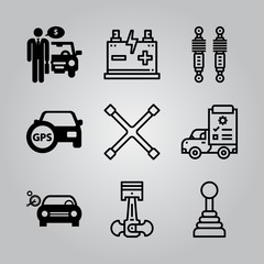 Simple 9 icon set of electronics related piston, car with repair equipment, battery and gearbox vector icons. Collection Illustration