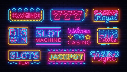 Casino collection Neon signs vector design template. Casino neon logo, light banner design element colorful modern design trend, night bright advertising, bright sign. Vector illustration - obrazy, fototapety, plakaty