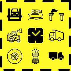 Simple 9 icon set of business related truck, truck black silhouette side view, clock and cargo ship with containers travelling by the sea vector icons. Collection Illustration