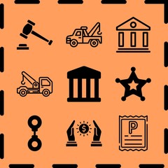 Simple 9 icon set of legal related sheriff, courthouse, auction and handcuff vector icons. Collection Illustration