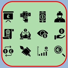 Fototapeta premium Simple 12 icon set of business related presentation, architecture, feedback and euro vector icons. Collection Illustration