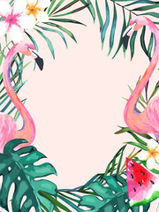 Summer frame with tropical jungle leaves and pink flamingo.Vector aloha illustration. Watercolor style © natikka