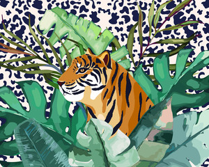 Summer frame with tropical jungle leaves and tiger.Vector aloha illustration. Watercolor style