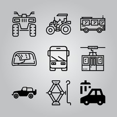 Simple 9 icon set of transport related wiper, quad, cable car cabin and tractor vector icons. Collection Illustration