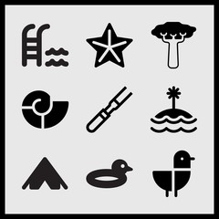 Simple 9 set of Summer related meat, swimming pool and stair, seashell and seagull vector icons