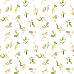 Watercolor tender pink flowers and leaves seamless pattern, hand painted on a white background