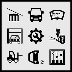 Simple 9 icon set of car related cable car, overturned car, windscreen and bus front vector icons. Collection Illustration