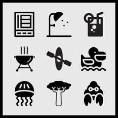 Simple 9 set of Summer related fresh drink, jellyfish, canoe with rowing and barbecue with smoke vector icons