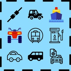 Fototapeta na wymiar Simple 9 icon set of travel related minibus, car, boat and car vector icons. Collection Illustration