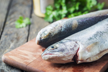 Two rainbow trout on a board