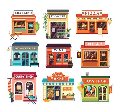 Collection of shop buildings isolated on white background. Stores selling baked and farm products, pizza, flowers, books, wine, meat, candies, toys. Colorful vector illustration in cartoon flat style.