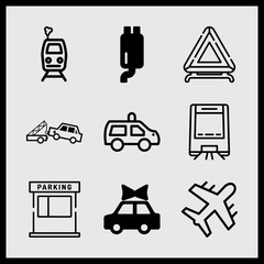Simple 9 icon set of car related reflective triangle, present car, aeroplane and car crane vector icons. Collection Illustration