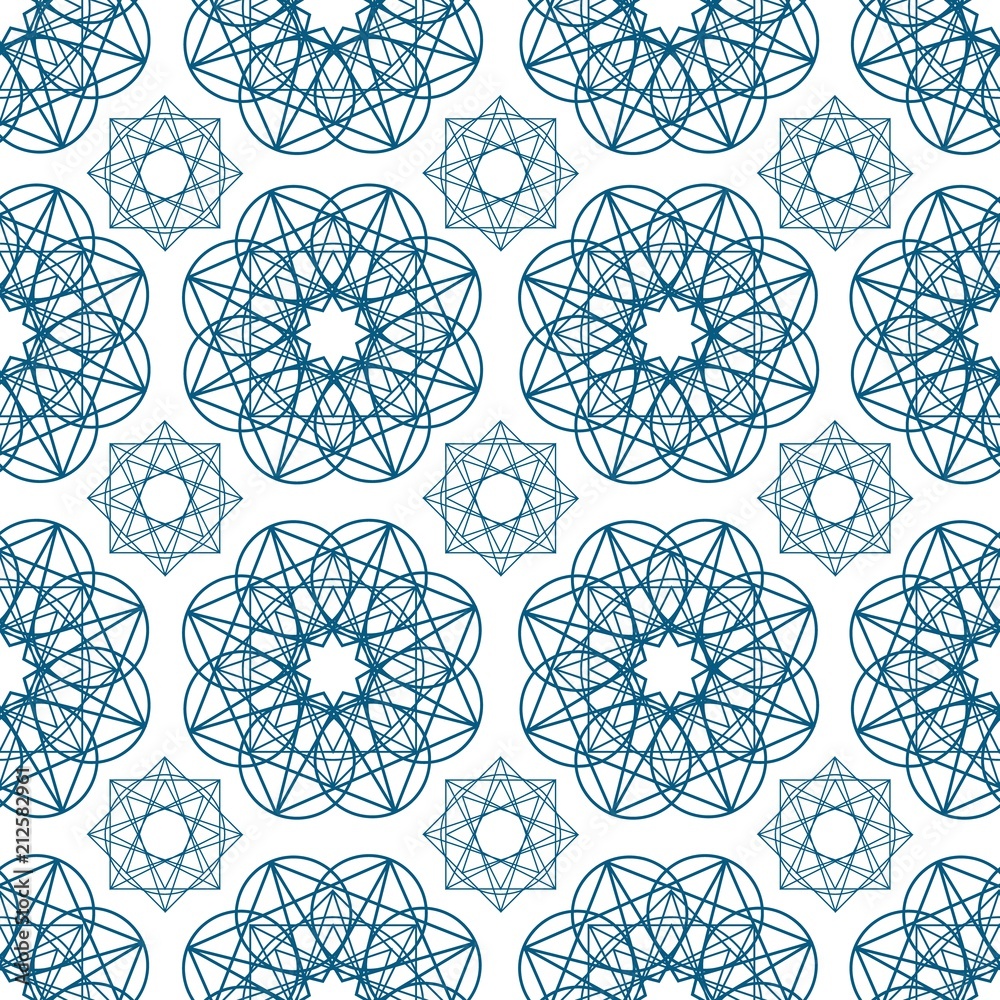 Poster Geometric seamless pattern with circular shapes drawn with blue contour lines on white background. Arabic geometrical backdrop. Monochrome vector illustration for wrapping paper, textile print.