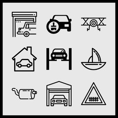 Simple 9 icon set of car related aeroplane, sailboat, garage and garage vector icons. Collection Illustration