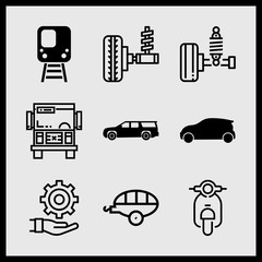 Simple 9 icon set of car related motorbike, car black case over wheels, gearshift and wheel vector icons. Collection Illustration