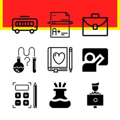 Simple 9 icon set of edication related science, exam, calculator and flask vector icons. Collection Illustration