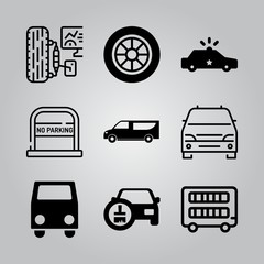 Simple 9 icon set of transport related tire, minivan, bus and frontal van vector icons. Collection Illustration