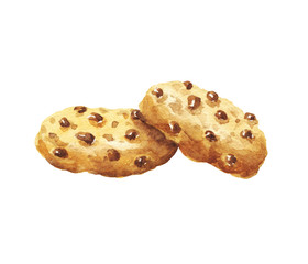 Hand drawn watercolor cookies with chocolate drops, isolated on white background.