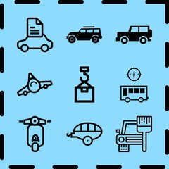 Simple 9 icon set of travel related bus with a compass, car, jeep and airplane vector icons. Collection Illustration
