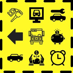 Simple 9 icon set of business related piggy bank, bus, key and left arrow vector icons. Collection Illustration