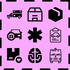 Simple 9 icon set of medicine related car with medicine, box, box and hospital vector icons. Collection Illustration