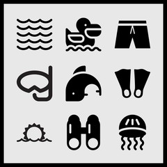Simple 9 set of Summer related sun rise, pelican, dolphin and man swimming suit vector icons