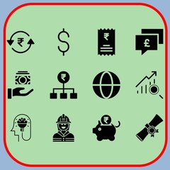 Simple 12 icon set of business related piggy bank, rupee, invoice and thinking vector icons. Collection Illustration