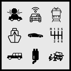 Simple 9 icon set of car related driving gear controls, car, car repair and exhaust pipe vector icons. Collection Illustration
