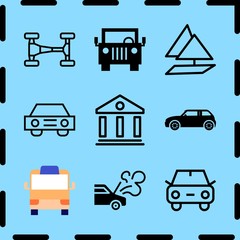 Simple 9 icon set of travel related car front, minibus, car city model and breakdown vector icons. Collection Illustration