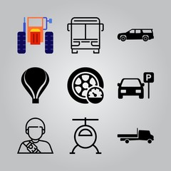 Simple 9 icon set of transport related safety belt, parked car, tractor and bus vector icons. Collection Illustration