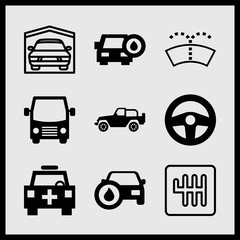 Simple 9 icon set of car related jeep cabrio, emergency medical vehicle, garage and automobile steering wheel vector icons. Collection Illustration