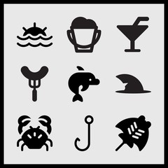 Simple 9 set of Summer related sunset, cocktail with straw, shark fin and barbacue sign vector icons