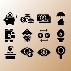 Magnifier, torch and dollar related premium icon set