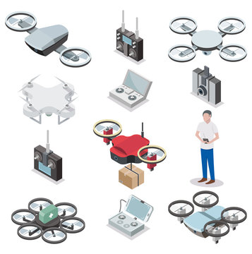 Drone quadcopter vector isometric icon set