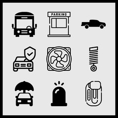 Simple 9 icon set of car related car parts, gearshift, bus front and siren vector icons. Collection Illustration