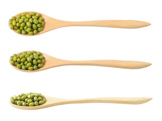 Set of Mung Beans in Wooden Spoons on White Background