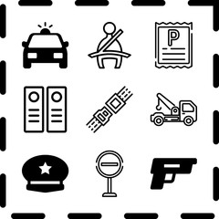Simple 9 icon set of law related police cap, seat belt, files and tow truck vector icons. Collection Illustration
