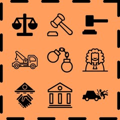 Simple 9 icon set of legal related tow truck, mallet, judge and auction vector icons. Collection Illustration