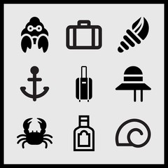 Simple 9 set of Summer related crab with two claws, small hand bag, suitcase with wheels and pamela vector icons