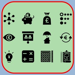 Simple 12 icon set of business related euro, piggy bank, presentation and eye vector icons. Collection Illustration