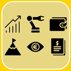 Simple 6 icon set of business related eye, robotic arm, goal and profits vector icons. Collection Illustration