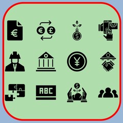 Simple 12 icon set of business related group, yen, growth and engineer vector icons. Collection Illustration