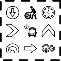 Simple 9 icon set of arrow related speedometer, up arrow, right arrow and bus with compass vector icons. Collection Illustration