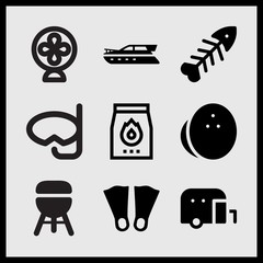 Simple 9 set of Summer related charcoal, coconut, yatch boat and small fan vector icons