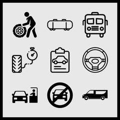 Simple 9 icon set of car related wheel, bus, insurance and steering wheel vector icons. Collection Illustration